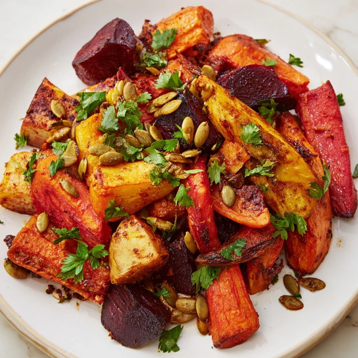 A platter of Spiced Roasted Roots garnished with fresh parsley and toasted pumpkin seeds on a rustic table.