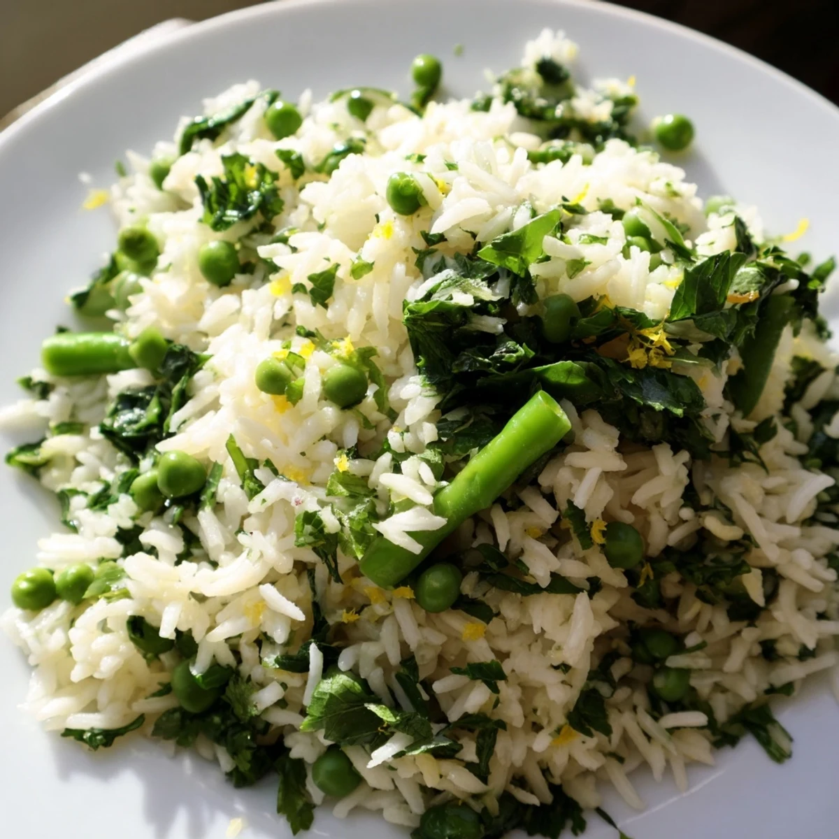 Close-up of Emerald Warm Rice, highlighting wilted spinach and zesty lemon juice, ready to serve alongside grilled chicken or fish.