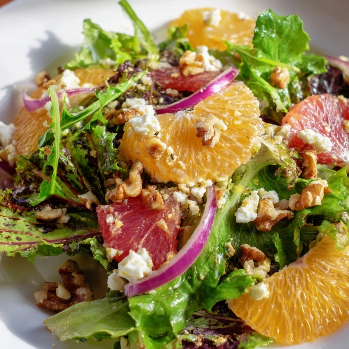 Freshly prepared Winter Citrus Greens salad with sliced fennel, red onion, and toasted walnuts tossed in a lemon dressing.