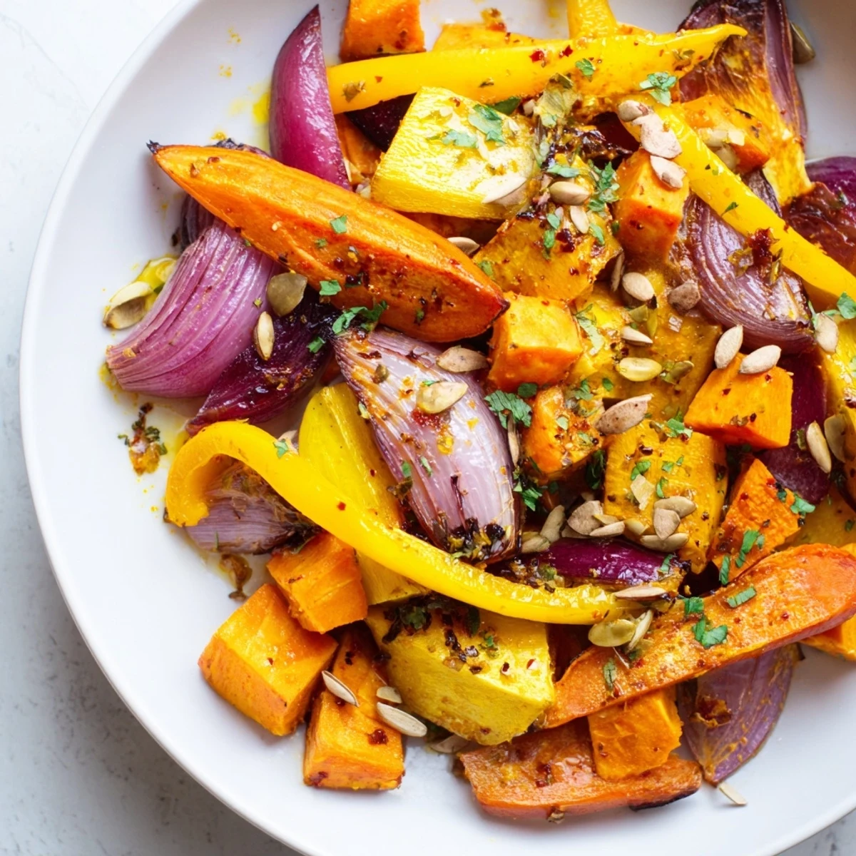 Platter of colorful Citrus Golden Veg side dish with pumpkin seeds and lemon-orange glaze, ready to serve.
