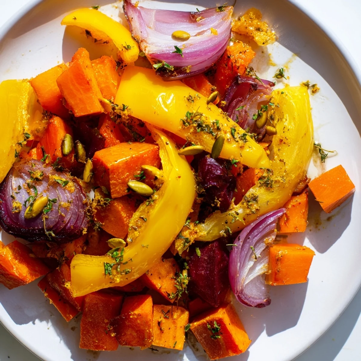 Golden roasted vegetables with citrus zest from the Citrus Golden Veg recipe garnished with parsley.