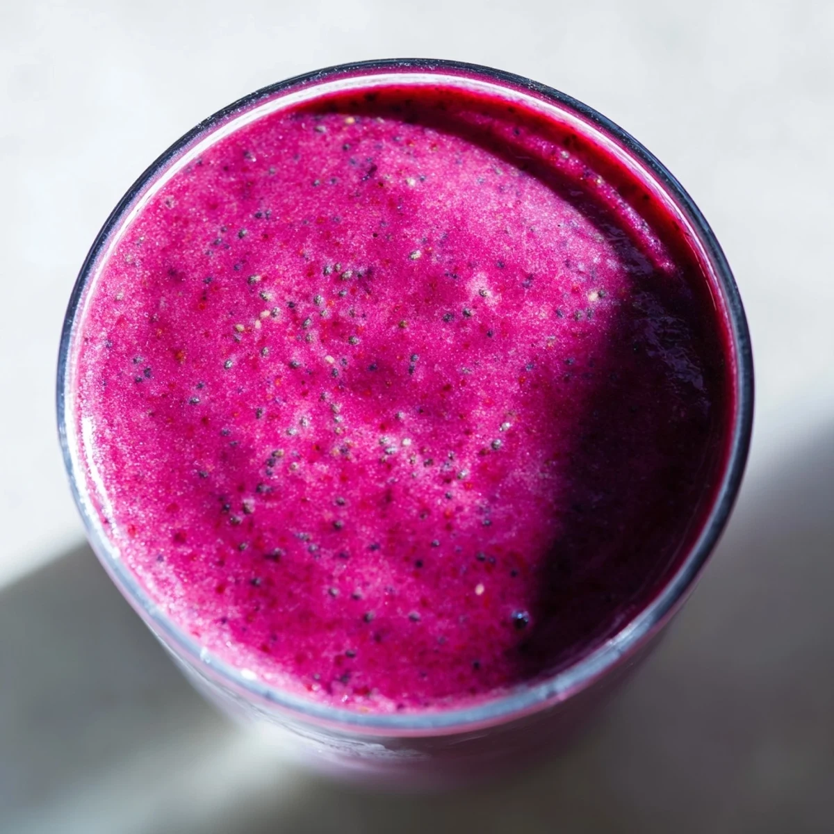 Vibrant Root Berry Blend smoothie in a glass, featuring its deep red and orange hue, garnished with fresh berries.
