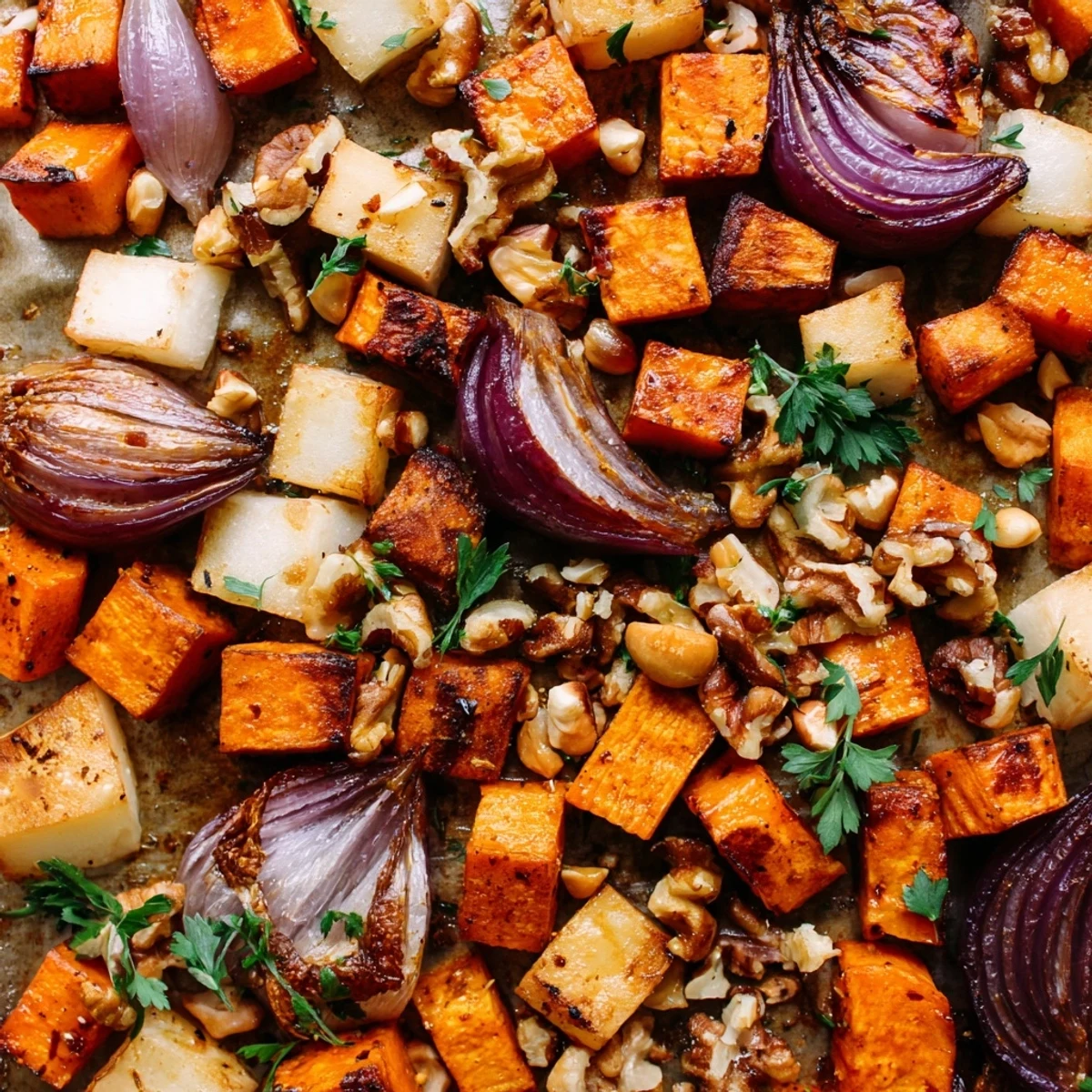 Roasted golden carrots, parsnips, and sweet potatoes tossed with thyme, topped with toasted nuts and fresh parsley.