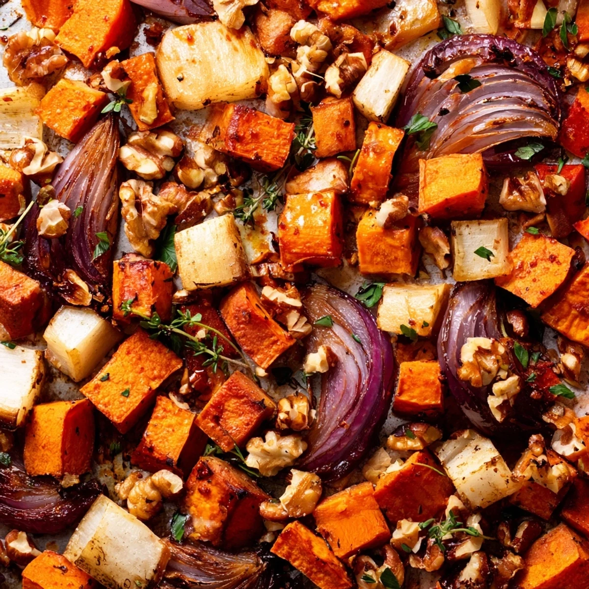 Hearty Nutty Roasted Roots medley of carrots, sweet potatoes, and celeriac with smoked paprika, perfect for autumn dinners.
