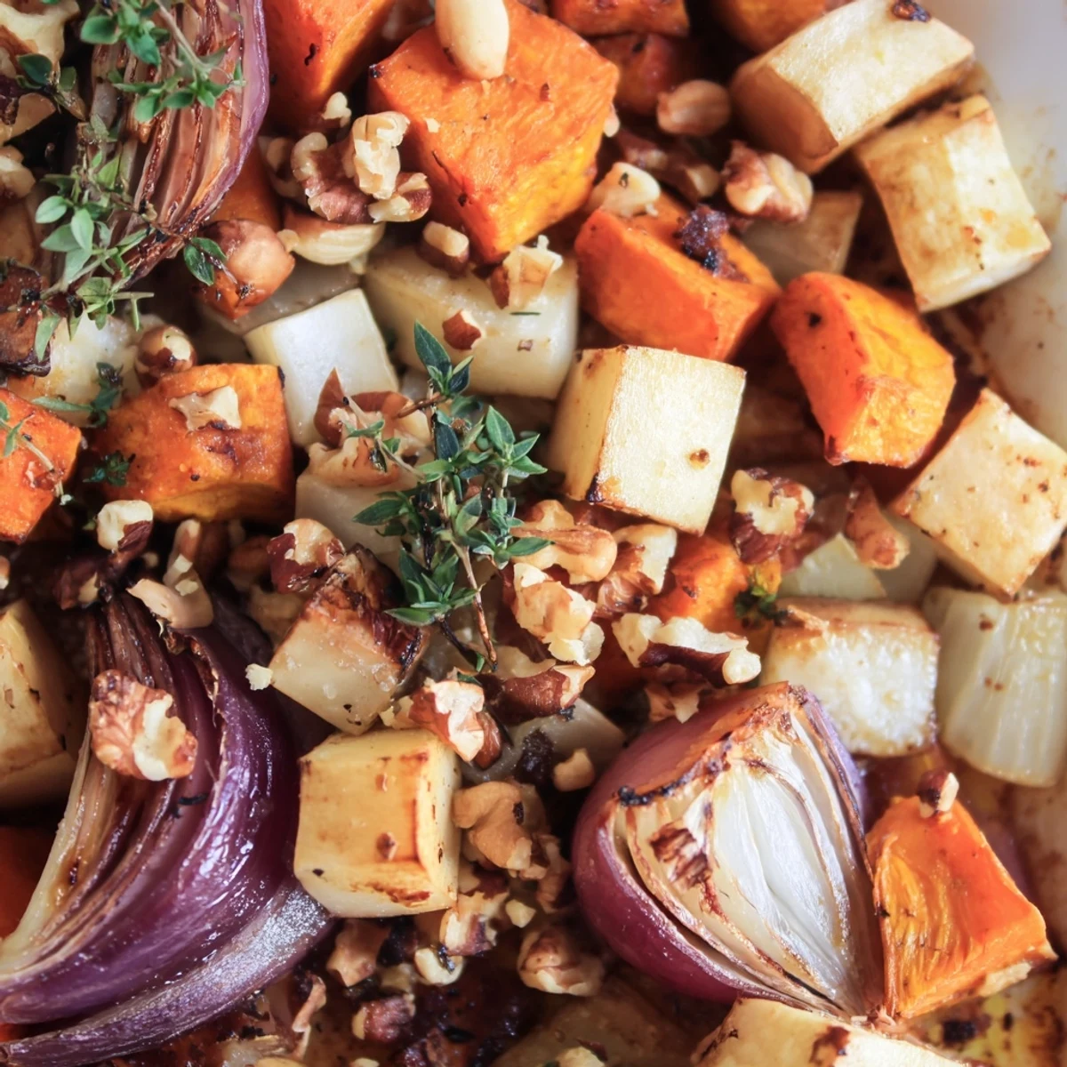 A close-up of Nutty Roasted Roots with caramelized edges, served warm from the oven on a rustic platter.