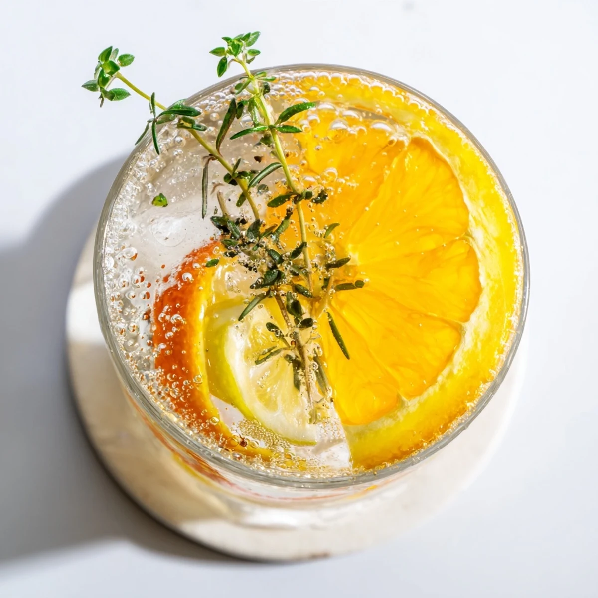 Citrus Evergreen Mix mocktail in a tall glass with ice, sparkling water, and fresh thyme sprigs.