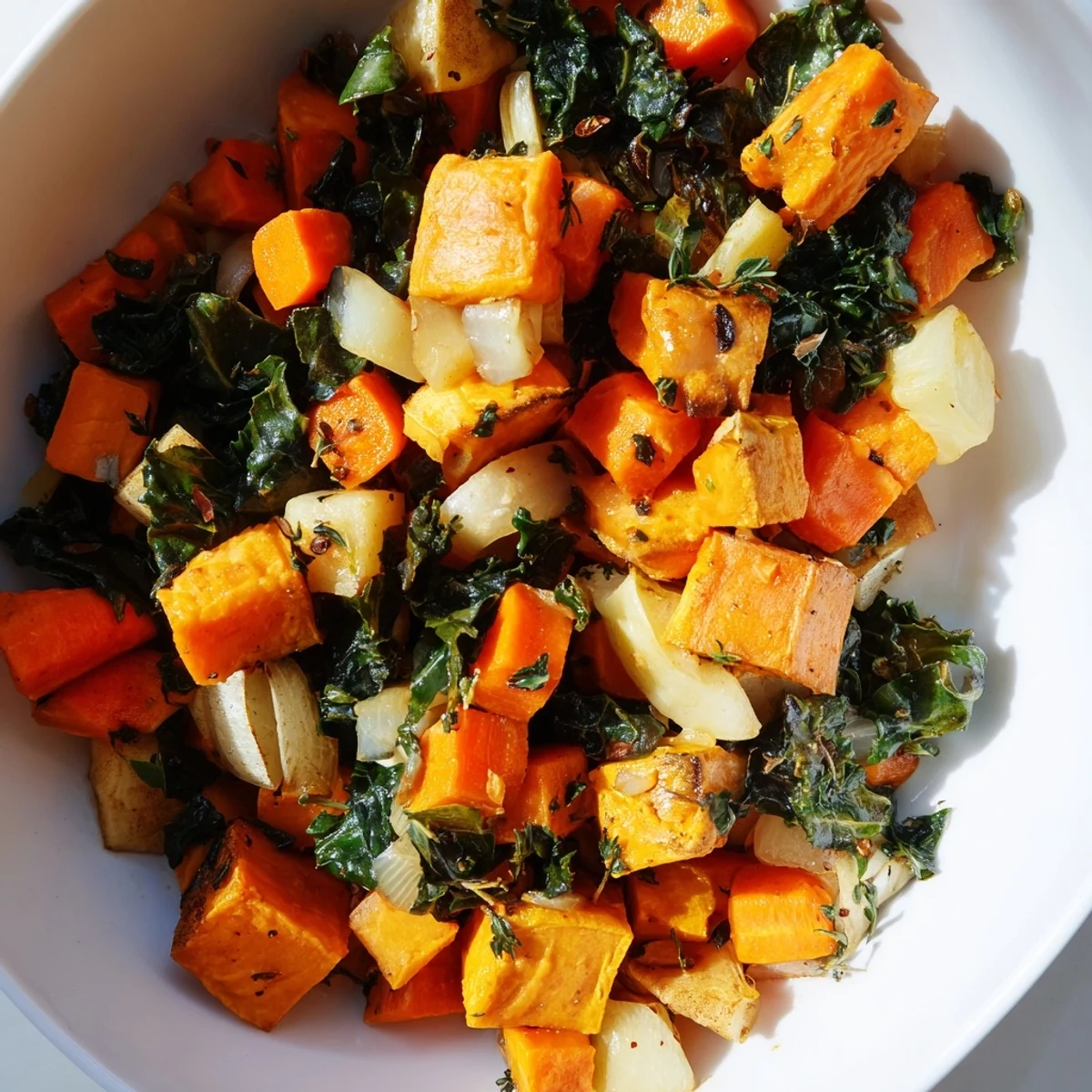 Golden roasted Root Winter Greens vegetables served warm with wilted kale and chard in a light vinaigrette.