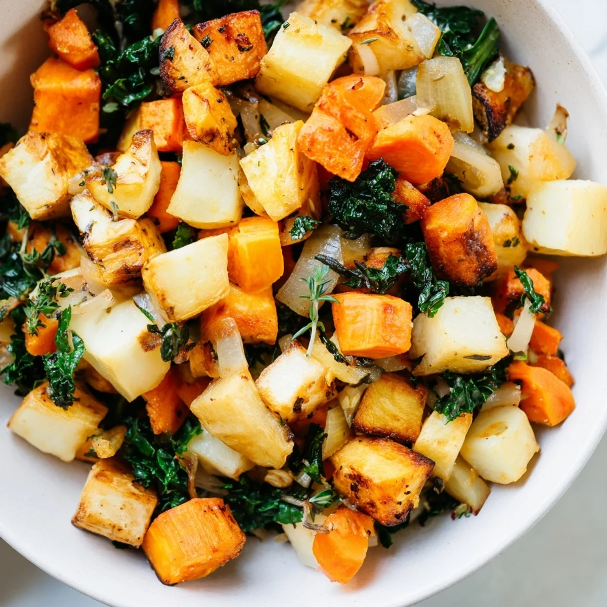 A rustic bowl of Root Winter Greens tossed with aromatic thyme, garlic, and apple cider vinegar.