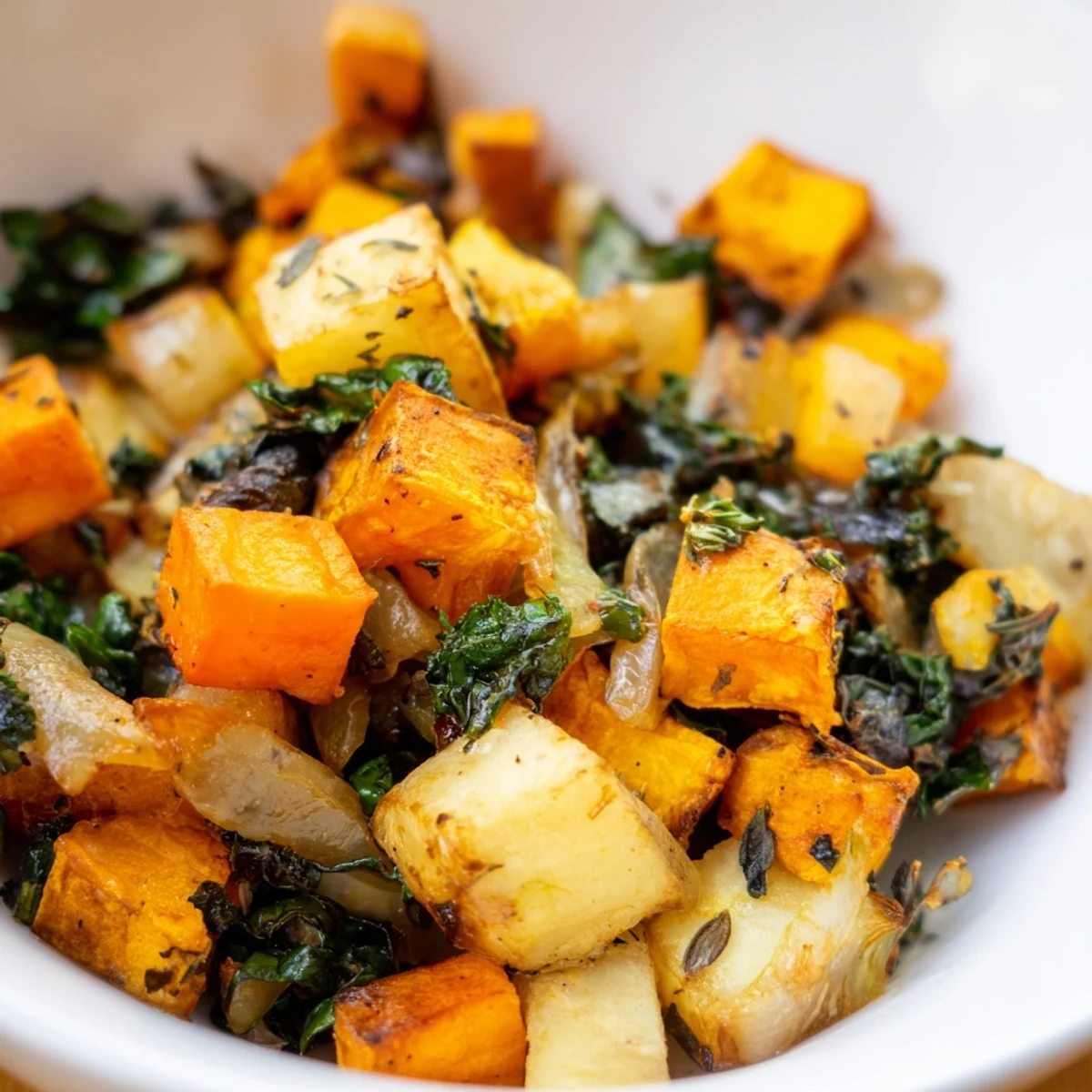 Colorful medley of Root Winter Greens alongside sweet potatoes, carrots, and parsnips ready for a cozy dinner.
