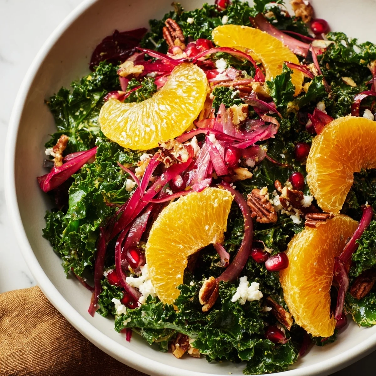 Freshly segmented blood oranges and grapefruit top a vibrant bowl of Citrus Winter Greens salad.