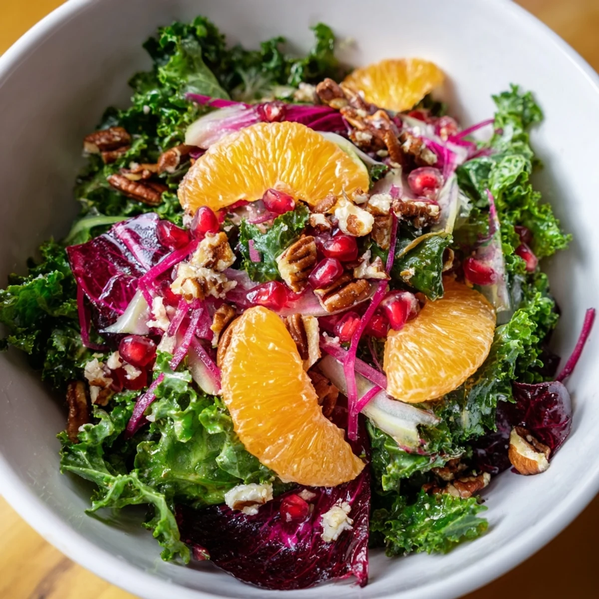 Garnished with feta and toasted walnuts, this bright Citrus Winter Greens salad is ready to serve.