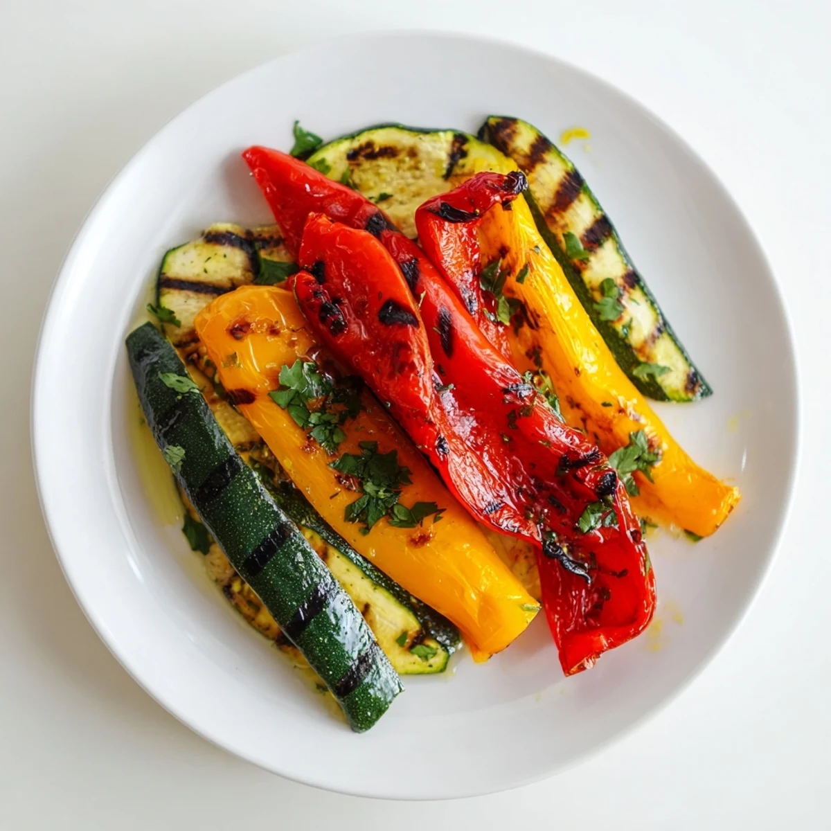 Grilled Bright Charred Vegetables with bell peppers and zucchini on a rustic platter, drizzled with zesty lemon dressing.