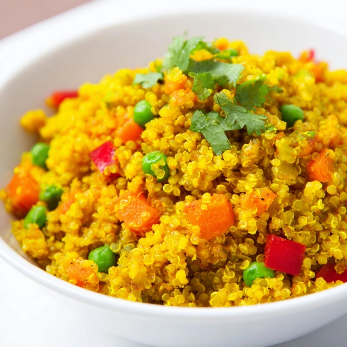 A wide-angle view of the Ginger Savory Grain dish on a rustic wooden table, featuring golden turmeric hues and colorful peas and peppers.