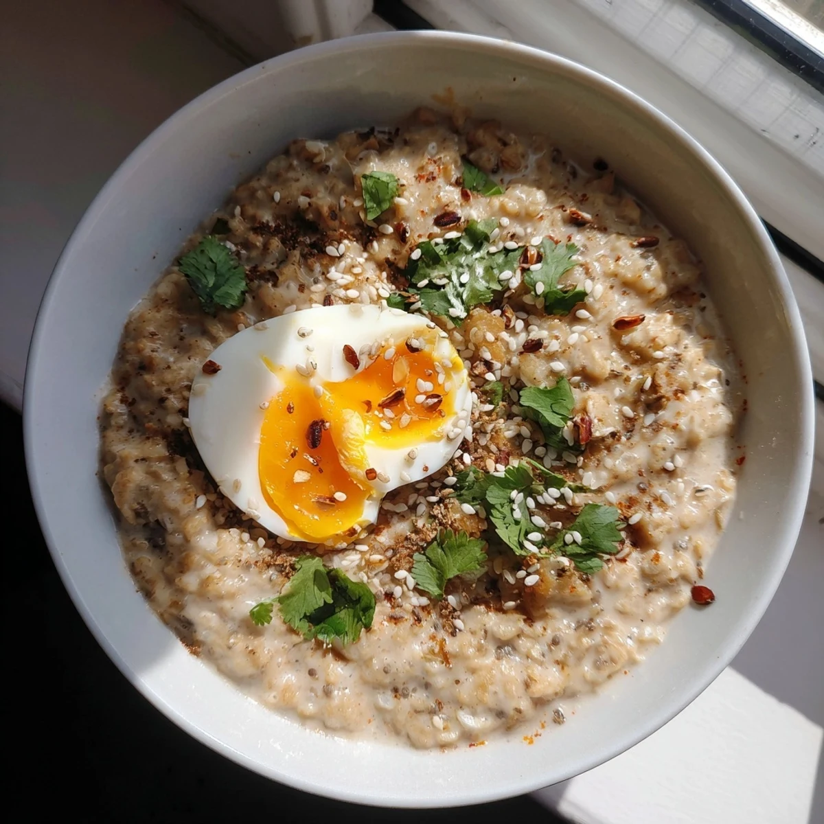 Creamy Savory Chai Oat porridge swirled with spices, topped with ghee, sesame seeds, and a halved soft-boiled egg.