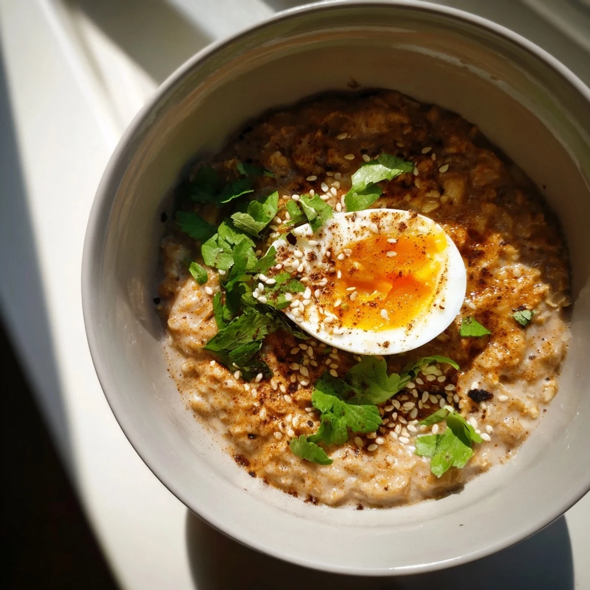 A comforting bowl of Savory Chai Oat, drizzled with olive oil and sprinkled with black sesame seeds.