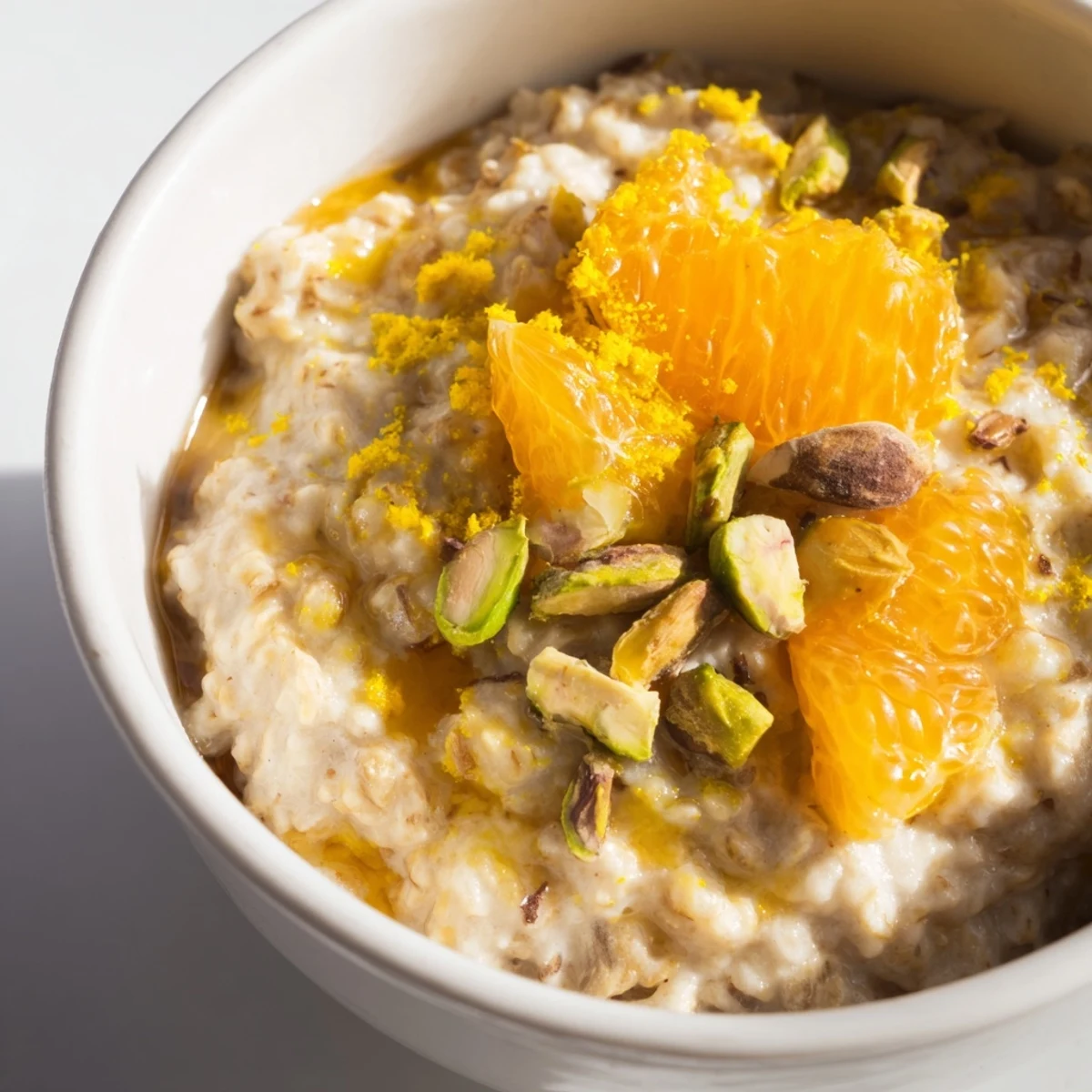 A warm bowl of Citrus Chai Oat porridge topped with fresh orange segments and chopped pistachios for a cozy breakfast.  