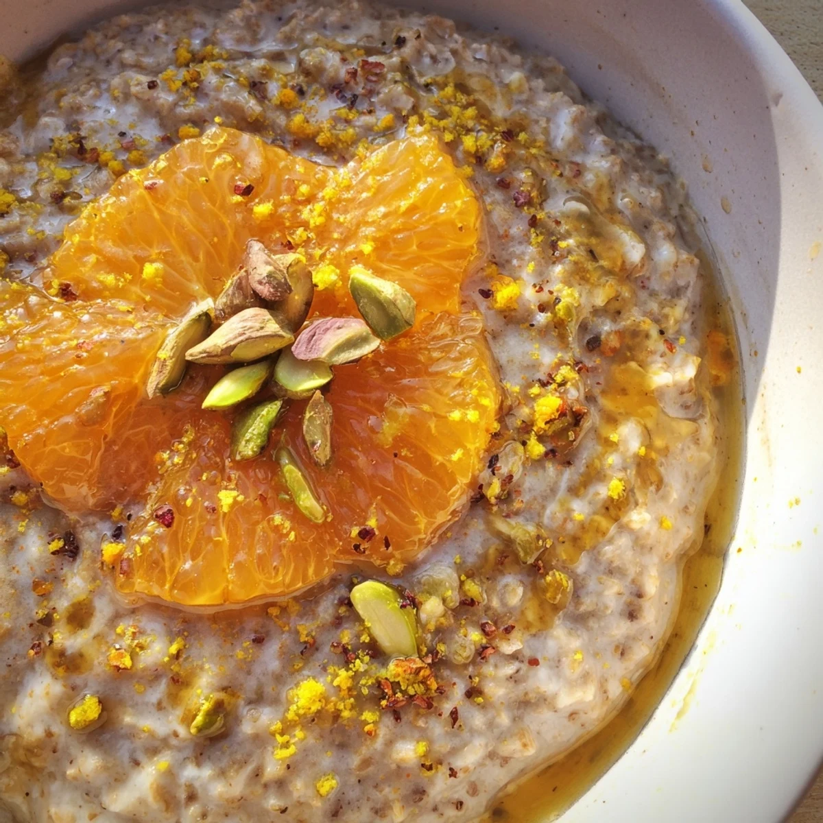 A vibrant bowl of Citrus Chai Oat served with a drizzle of honey, garnished with lemon zest and almonds.