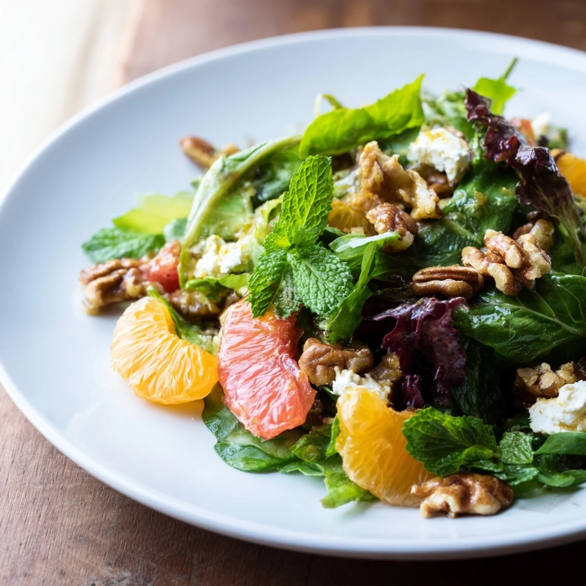 A close-up of Nutty Citrus Greens salad with mixed greens, candied walnuts, and bright orange segments drizzled in zesty dressing.