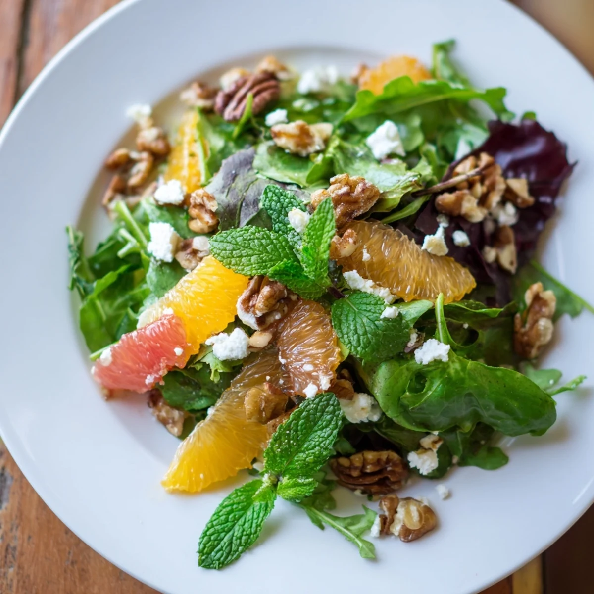 Overhead shot of Nutty Citrus Greens showing toasted pecans, grapefruit slices, and crumbled feta cheese garnished with fresh mint leaves.