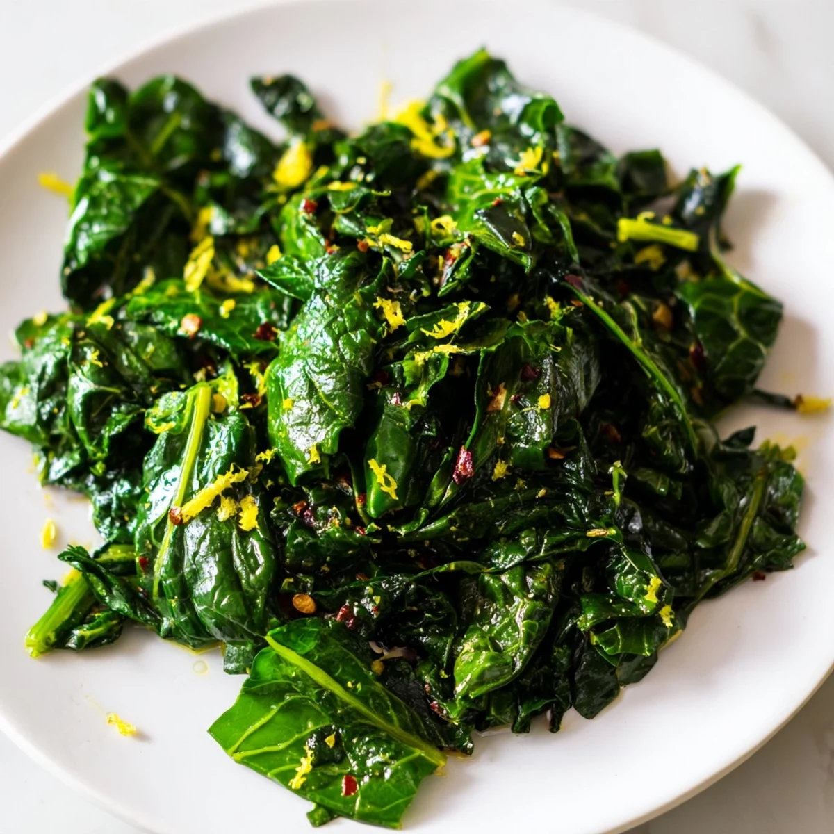 Freshly cooked Emerald Winter Greens in a skillet, featuring kale, chard, and spinach, glistening with olive oil and lemon juice for a flavorful cold-weather dish.
