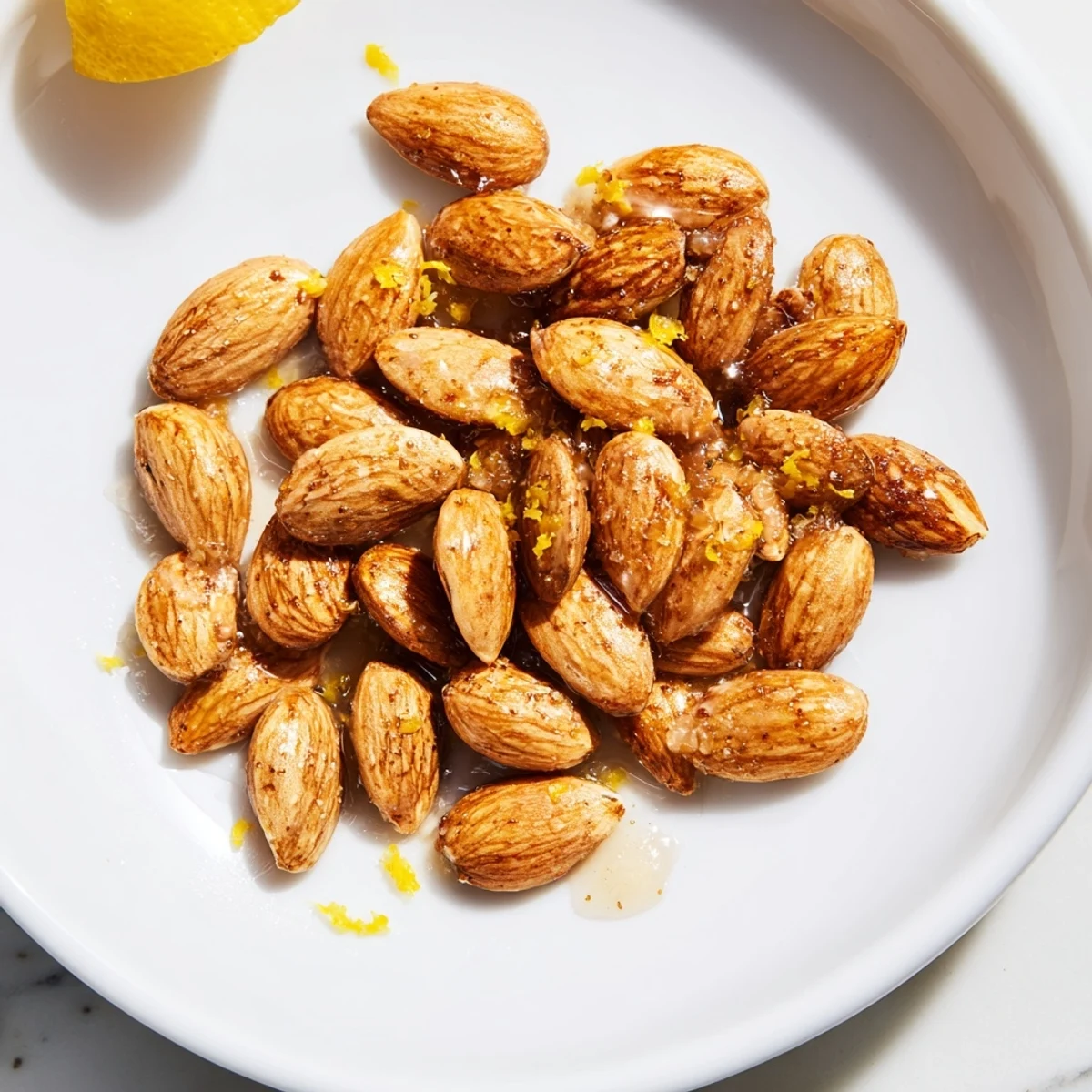 Close-up of golden-brown Citrus Toasted Almond clusters glistening with honey and fragrant orange zest.