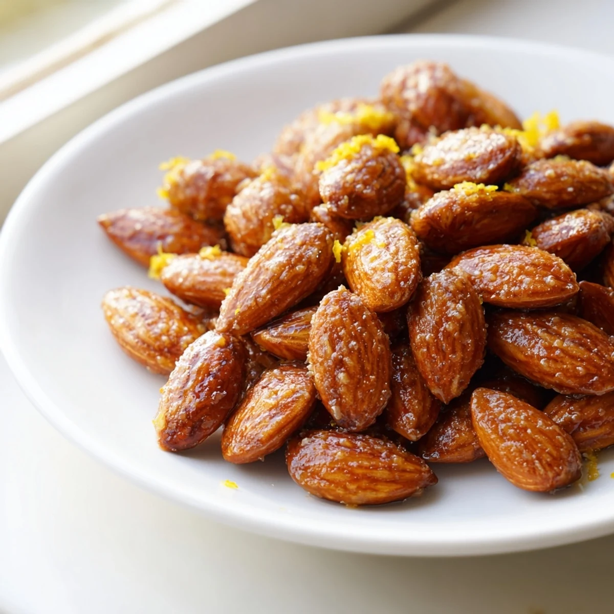 A bowl of vibrant Citrus Toasted Almond snack ready to be served over creamy yogurt or fresh salad.