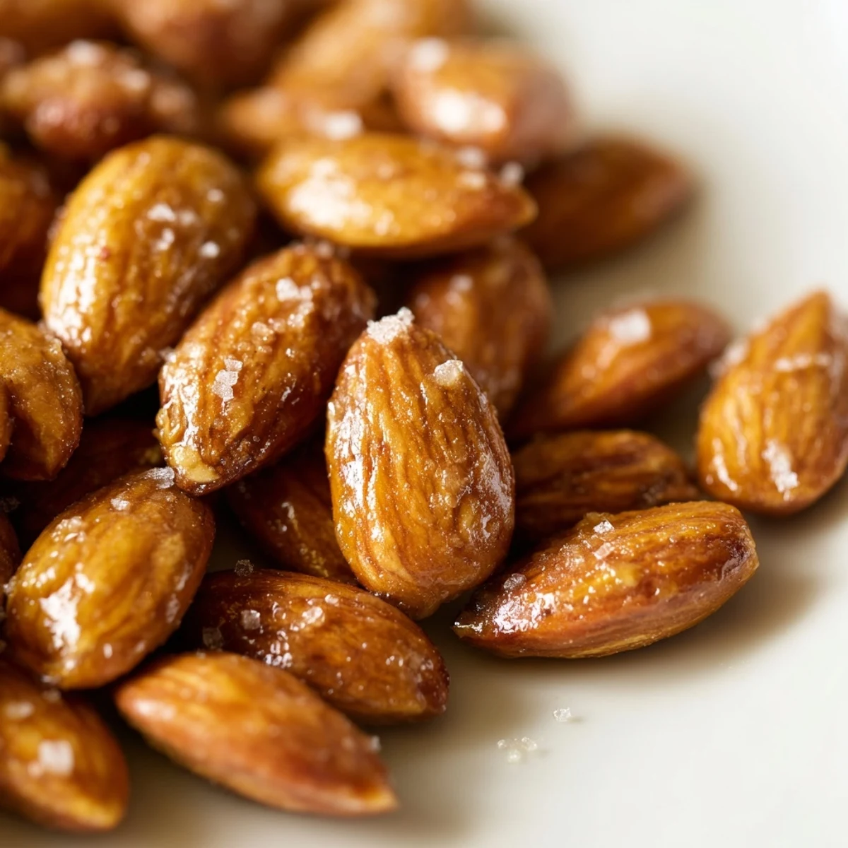 Maple Toasted Almonds glisten with a sweet maple glaze, scattered in a rustic pile on a wooden cutting board for snacking.