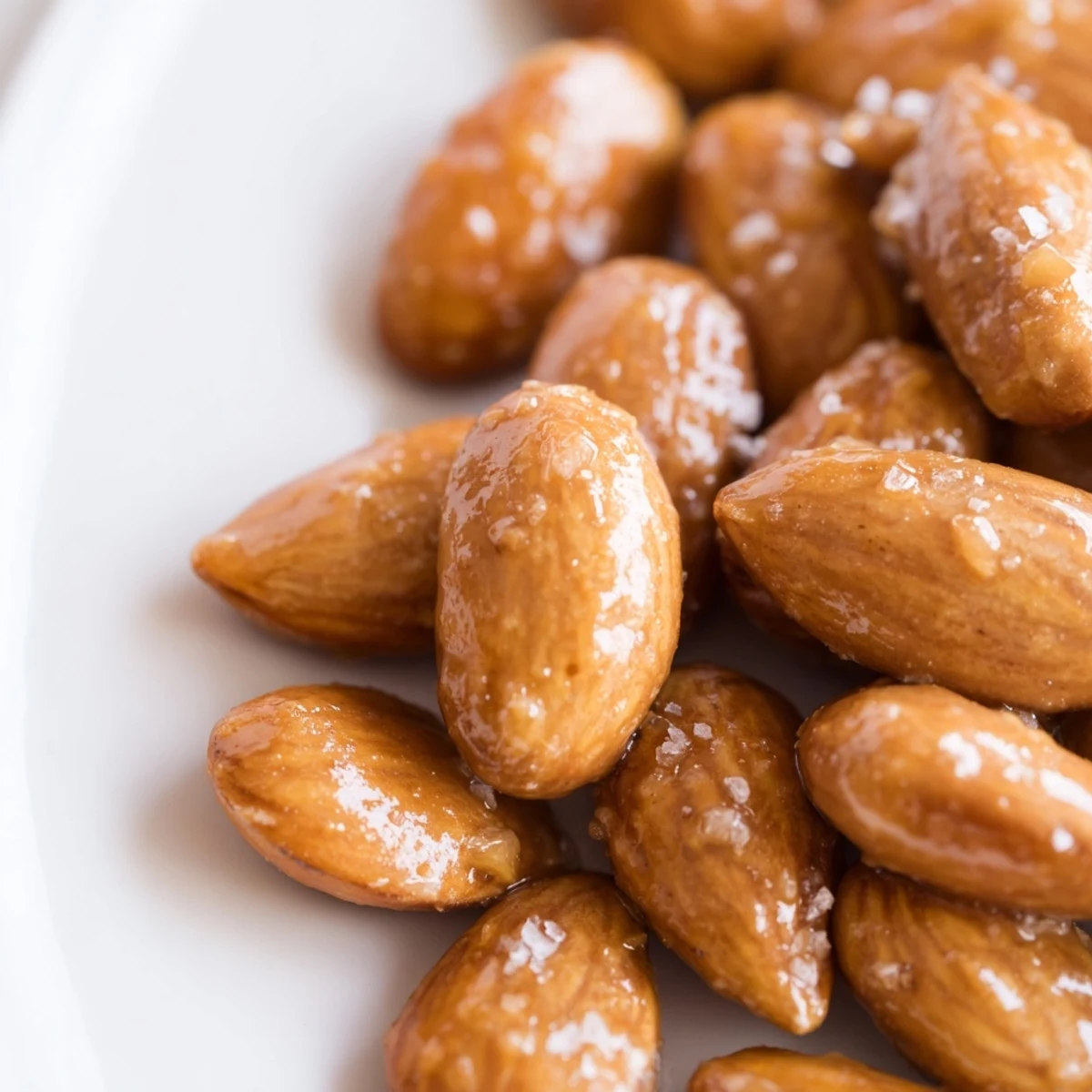 Golden Maple Toasted Almonds, lightly dusted with sea salt and cinnamon, are cooling on a parchment-lined baking sheet.