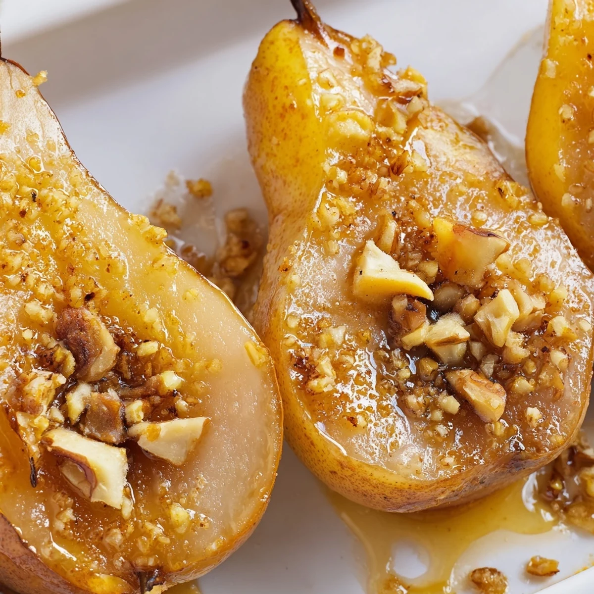 A close-up of warm Hearth Ginger Pear dessert served in a rustic dish, garnished with nuts and ready to be spooned over vanilla ice cream.