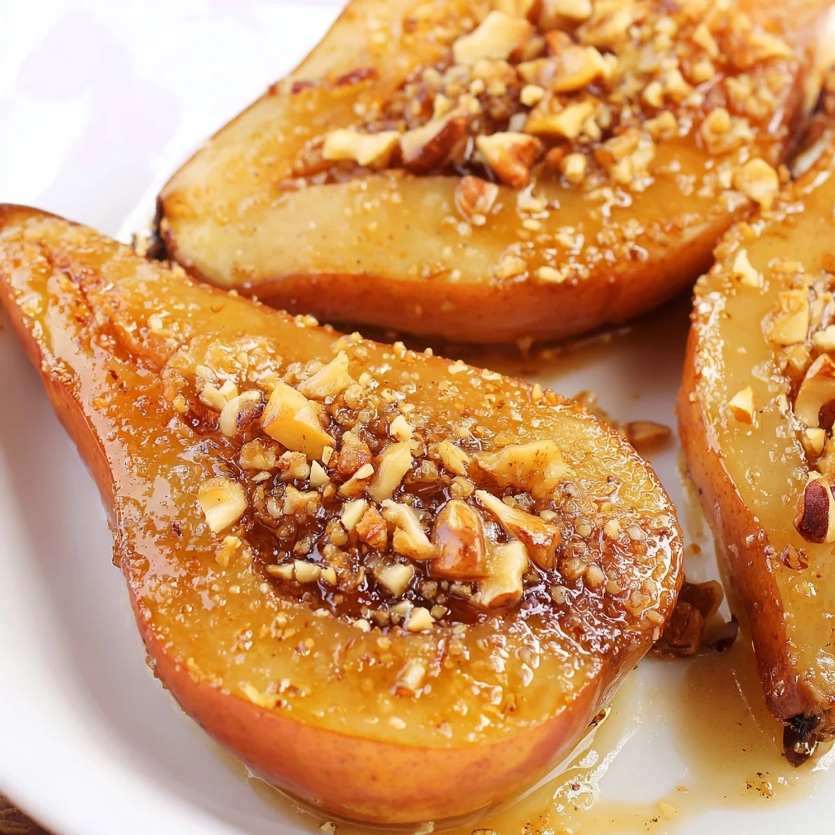 Golden-brown baked pear halves glistening with a ginger-infused honey sauce, topped with toasted walnuts and a pat of melting butter.