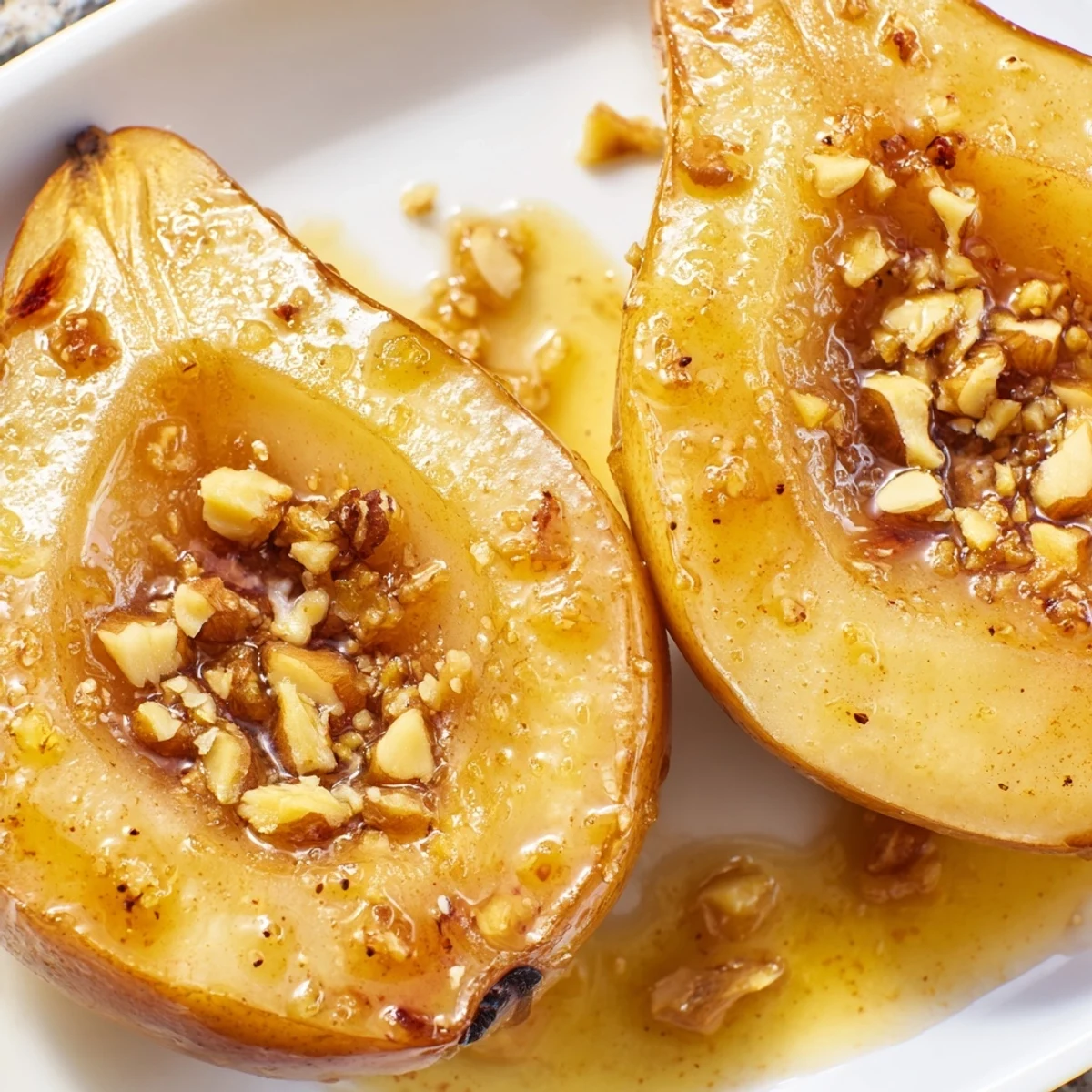 Tender pears baked with fresh ginger, cinnamon, and nutmeg, bubbling in a fragrant apple cider sauce in a ceramic baking dish.
