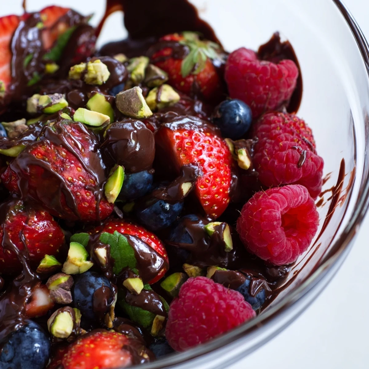 A close-up of Herbed Cocoa Berry dessert with glossy dark chocolate sauce drizzled over vibrant mixed berries in a serving glass.  