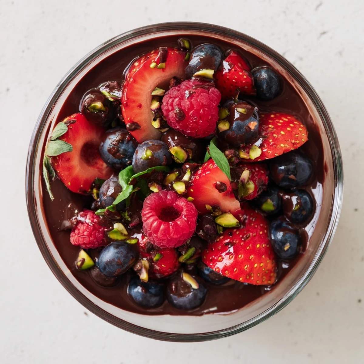 Herbed Cocoa Berry served in clear glasses with rich chocolate drizzle and fresh herbs, ready for a sweet, elegant treat.