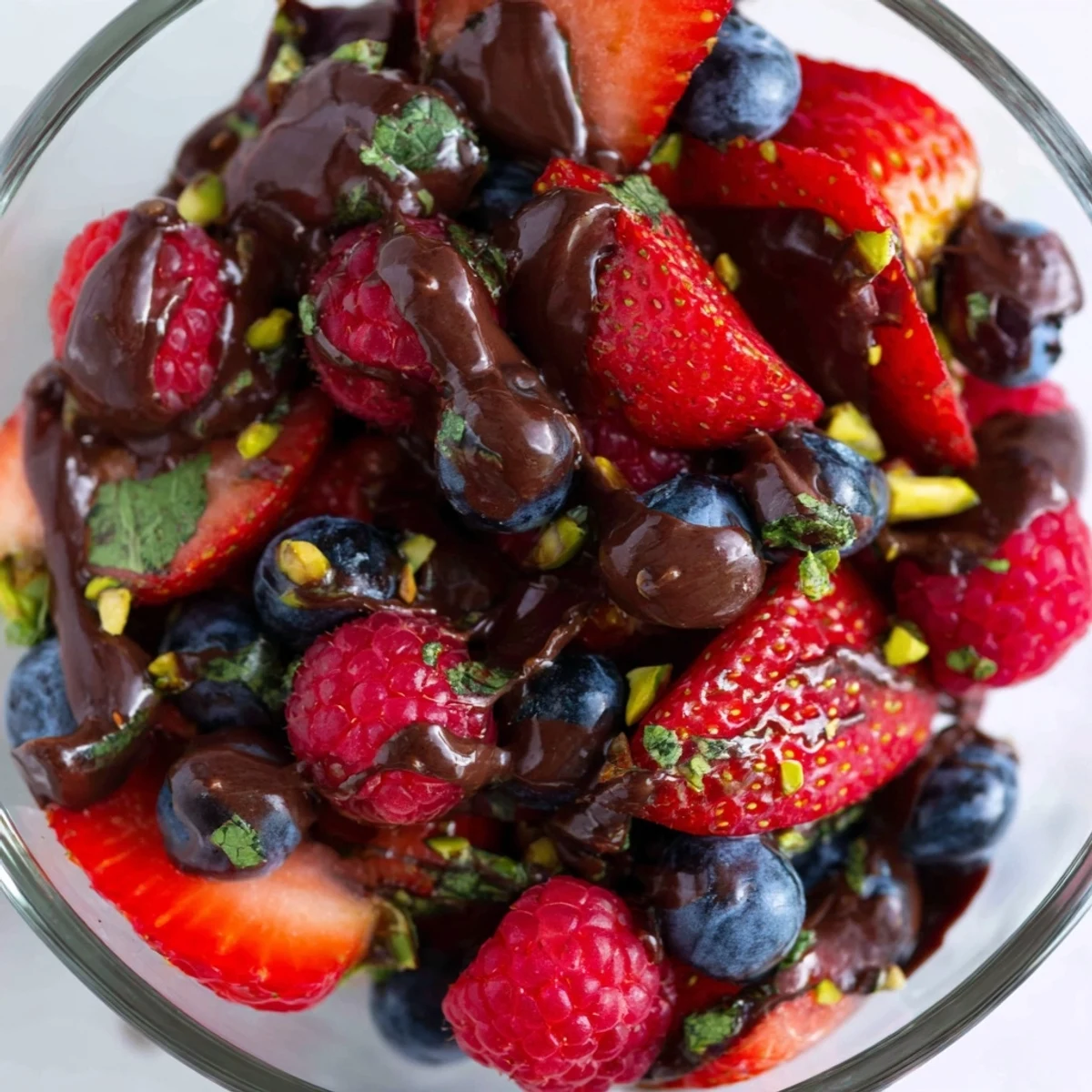 Herbed Cocoa Berry dessert in a glass bowl, featuring warm cocoa sauce, fresh mint, basil, and chopped pistachios.  