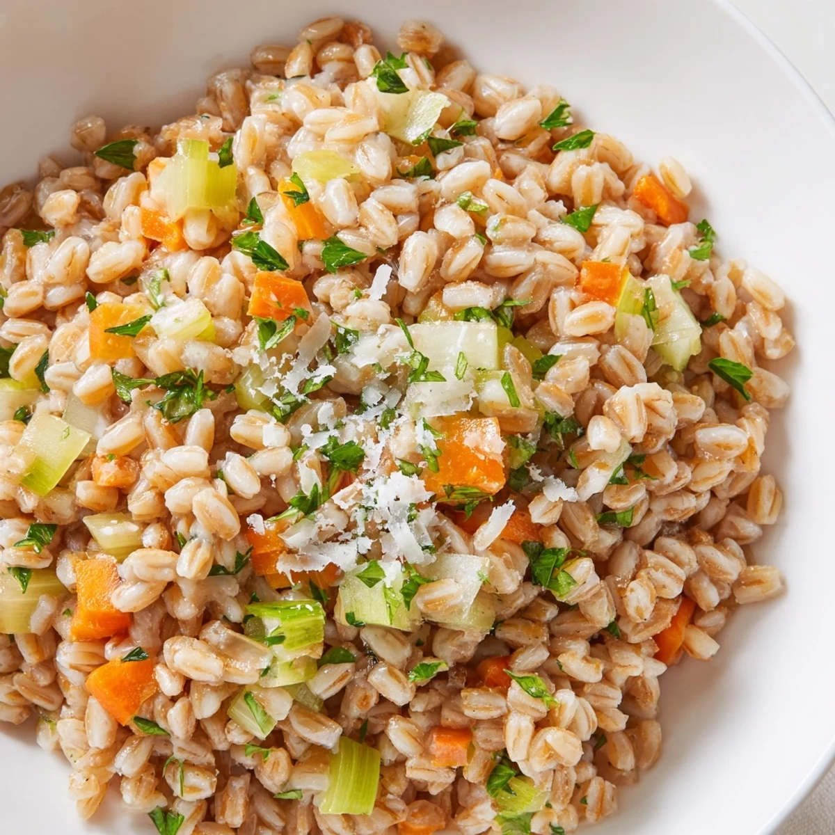 Warm Savory Farro with tender grains, fresh parsley, and a squeeze of lemon on a rustic plate.