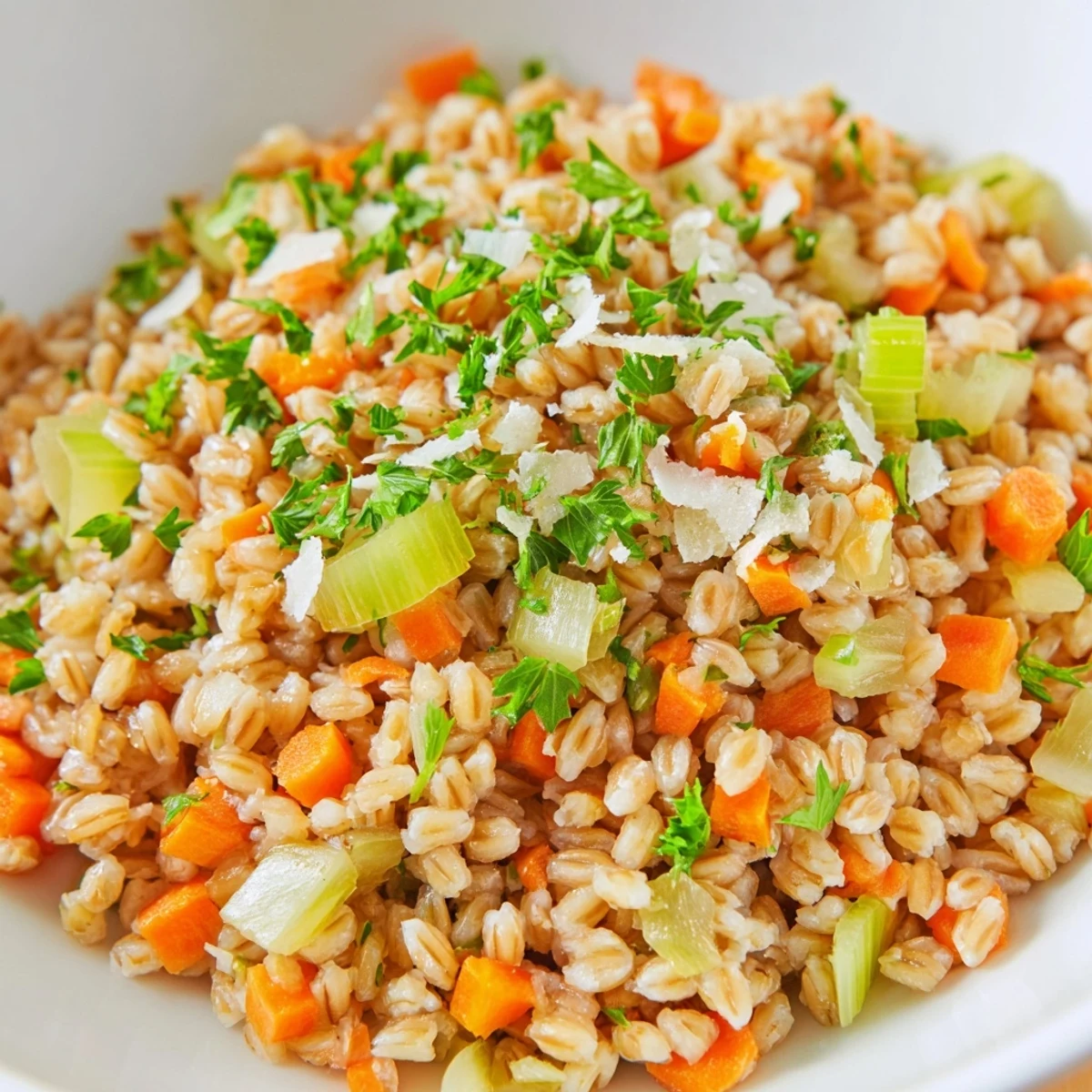 Steaming bowl of Savory Farro topped with Parmesan, paired with lemon wedges for a bright Mediterranean flavor.