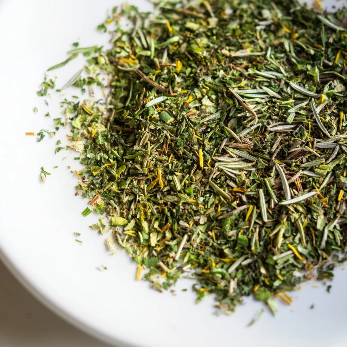A bowl of Herbed Evergreen Mix, featuring finely chopped fresh rosemary, thyme, and pine needles for a fragrant, woodsy seasoning.
