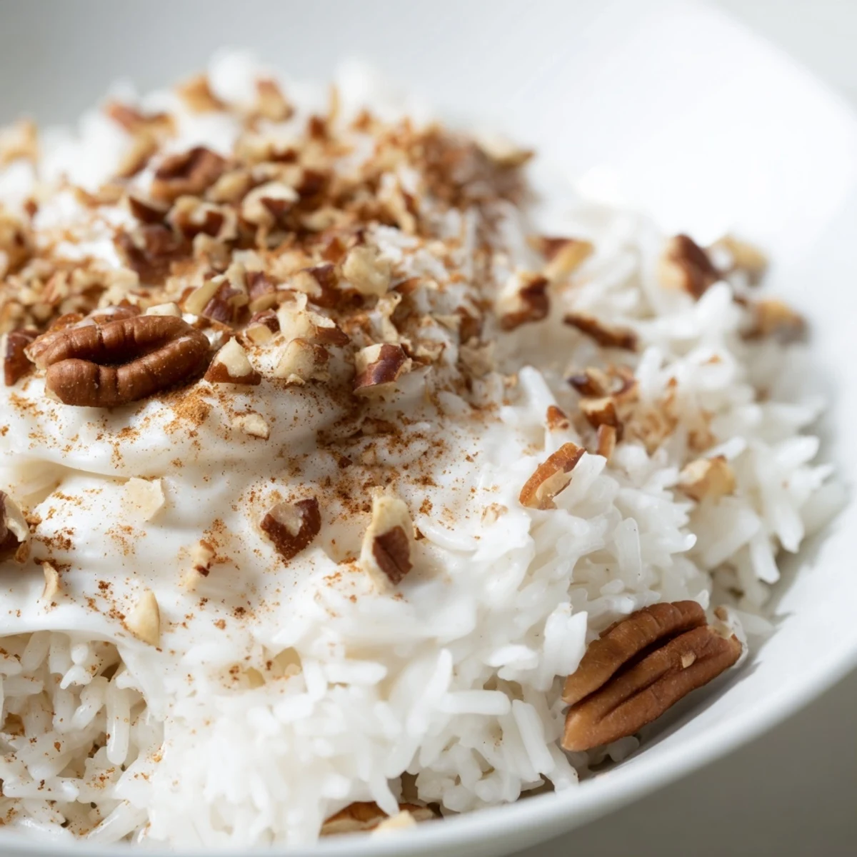 Creamy vanilla frosting melts over a warm bowl of fluffy Frosted Warm Rice, garnished with cinnamon and pecans.
