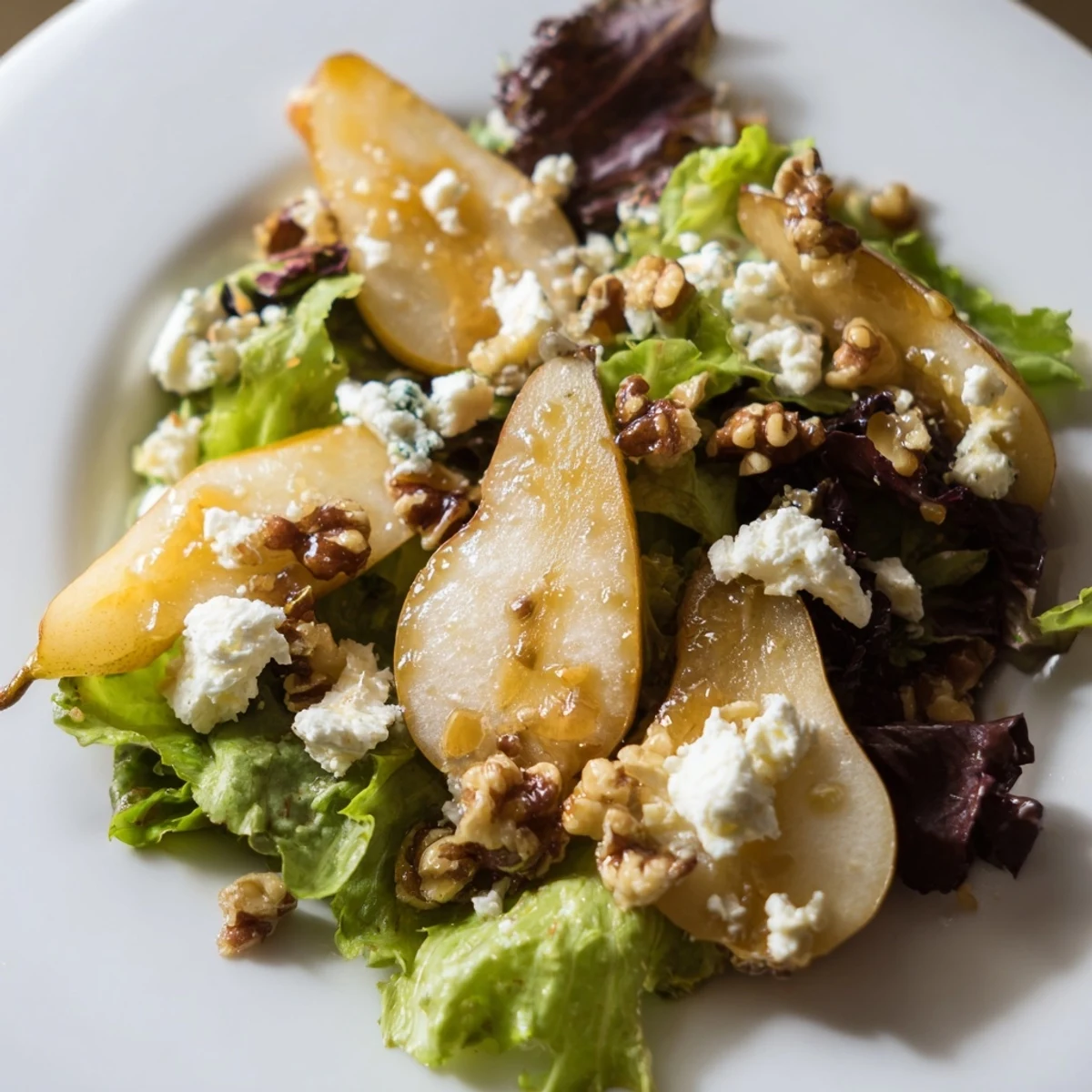 Fresh slices of golden pear and tangy goat cheese on a bed of mixed greens, topped with crunchy toasted walnuts.  