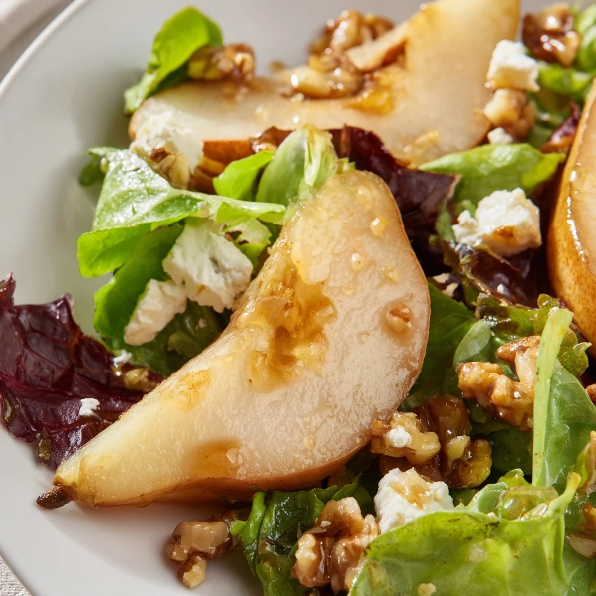Golden Pear Greens salad drizzled with honey-mustard vinaigrette, served on a rustic plate for a colorful lunch.  