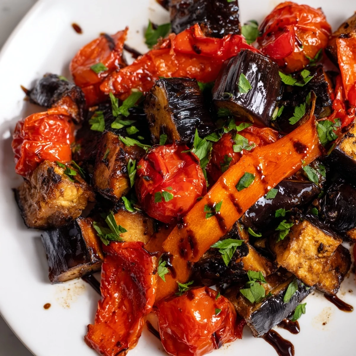 Roasted Charred Veg medley, caramelized and slightly charred, served warm as a vibrant side or vegetarian main.  