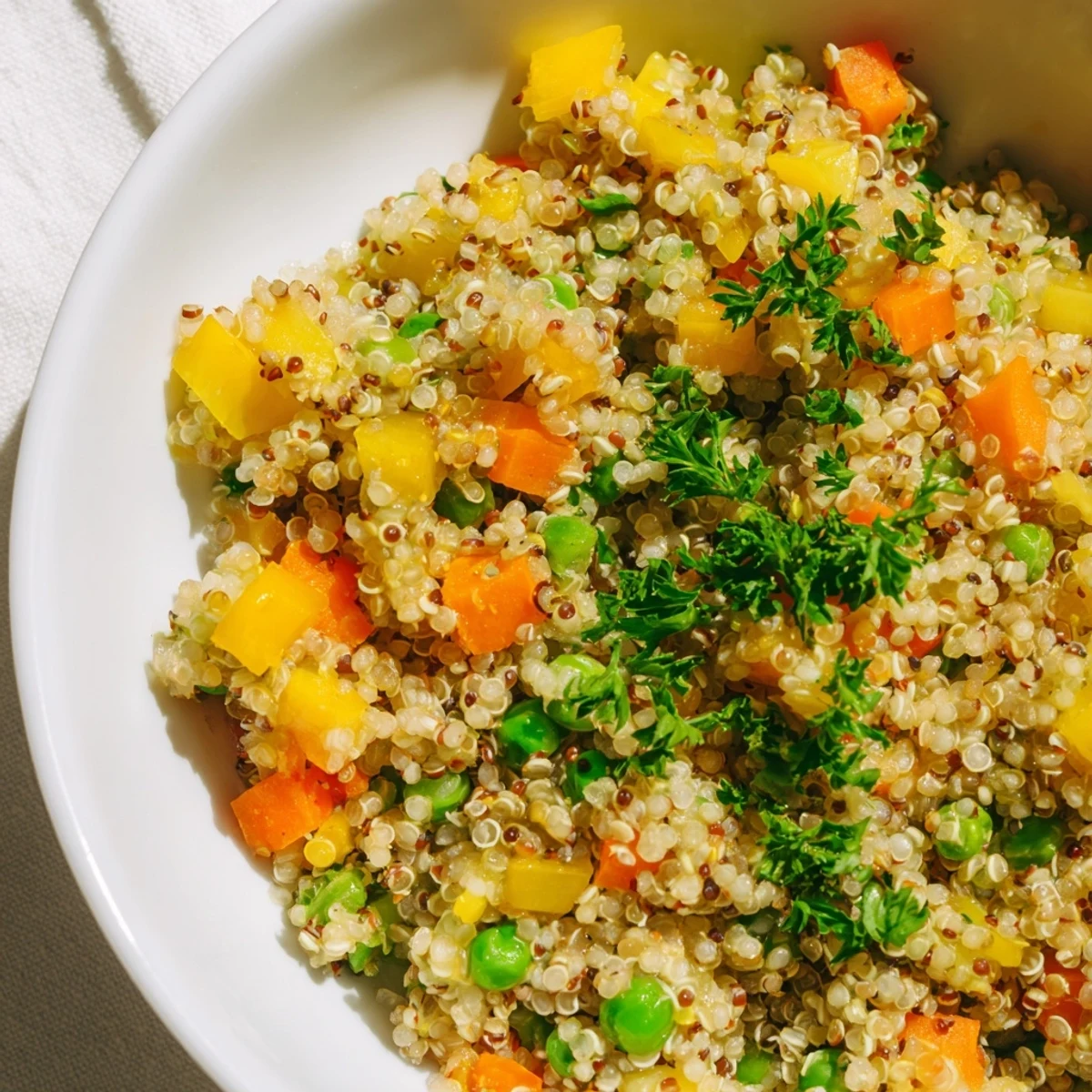 Aromatic spices and diced carrots, bell pepper, and peas create a colorful medley in this wholesome Golden Quinoa recipe, perfect for healthy meal prep.