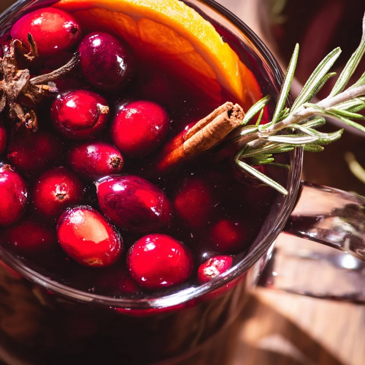 Warm Cranberry Herb beverage in a rustic mug, garnished with fresh cranberries and a rosemary sprig, steaming gently.