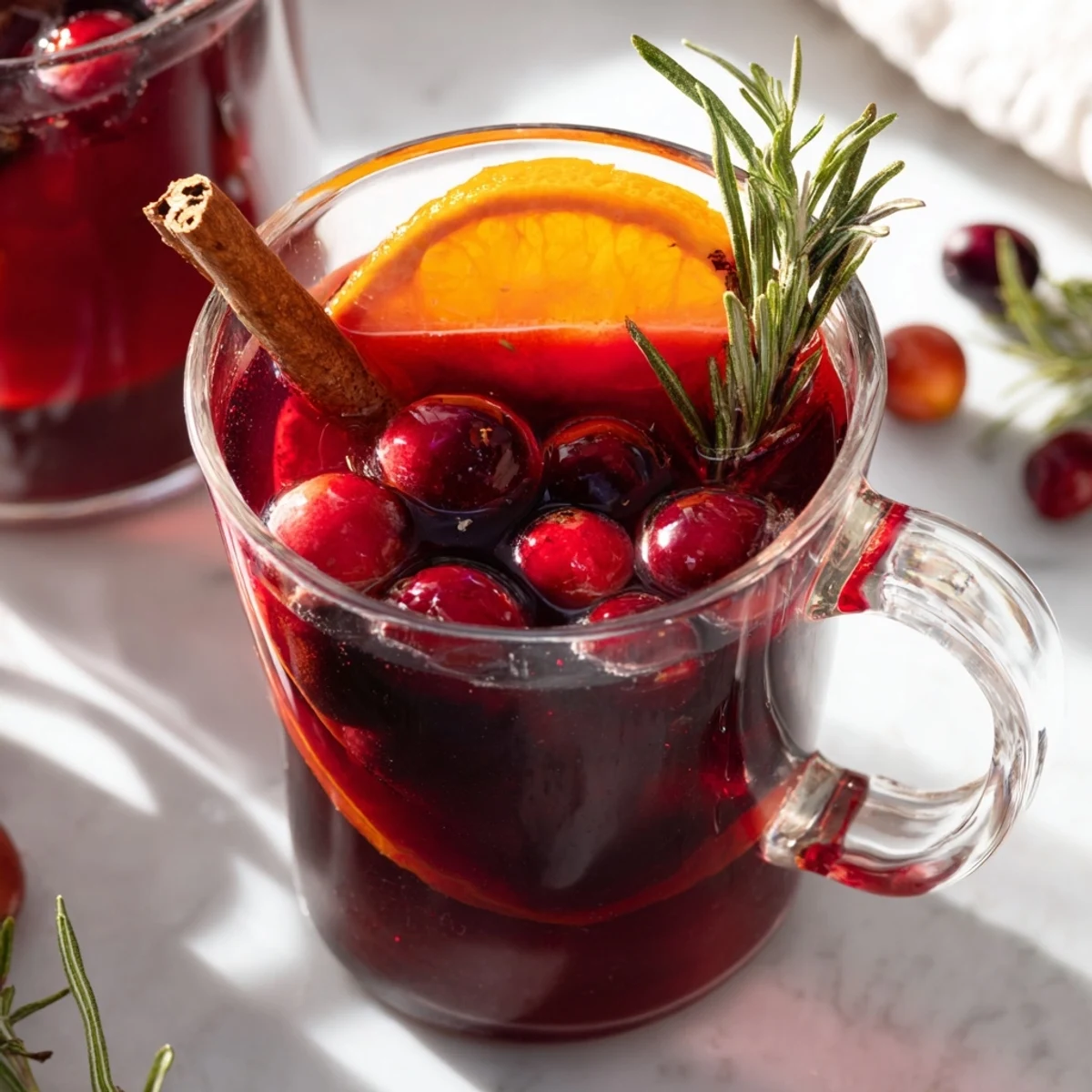 Festive Warm Cranberry Herb served in elegant teacups with orange slices and cinnamon sticks, perfect for chilly evenings.