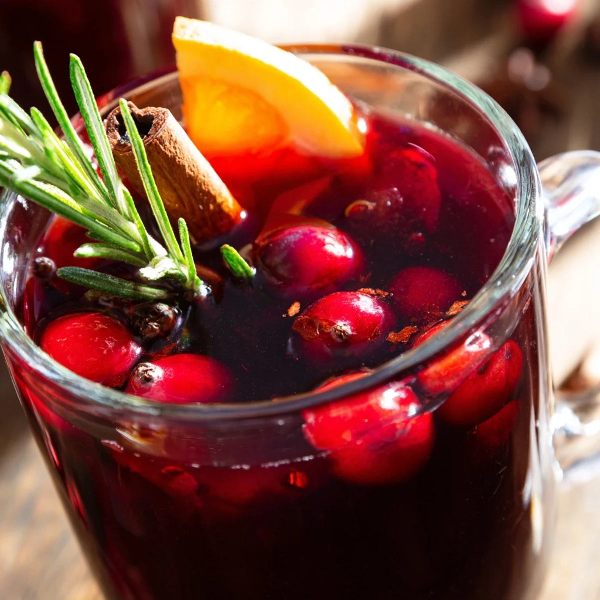 A close-up of Warm Cranberry Herb in a clear glass mug, showcasing vibrant red hue and floating spice aromatics.