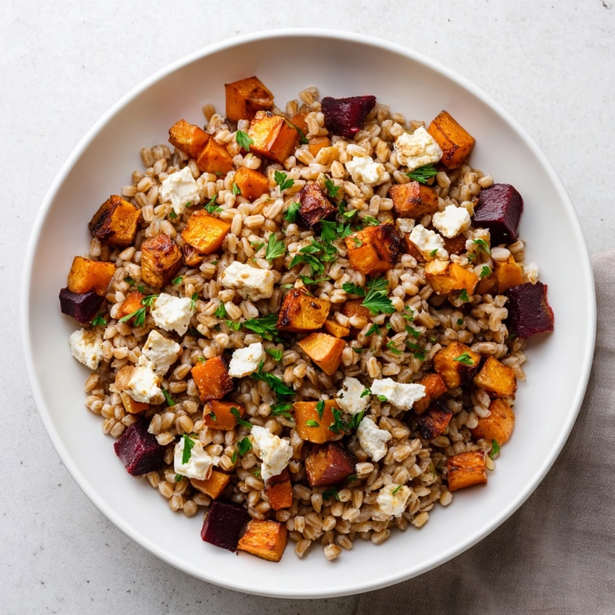 Golden roasted carrots, parsnips, sweet potato, and beet mingling with fluffy farro, garnished with fresh parsley and crumbled feta.  