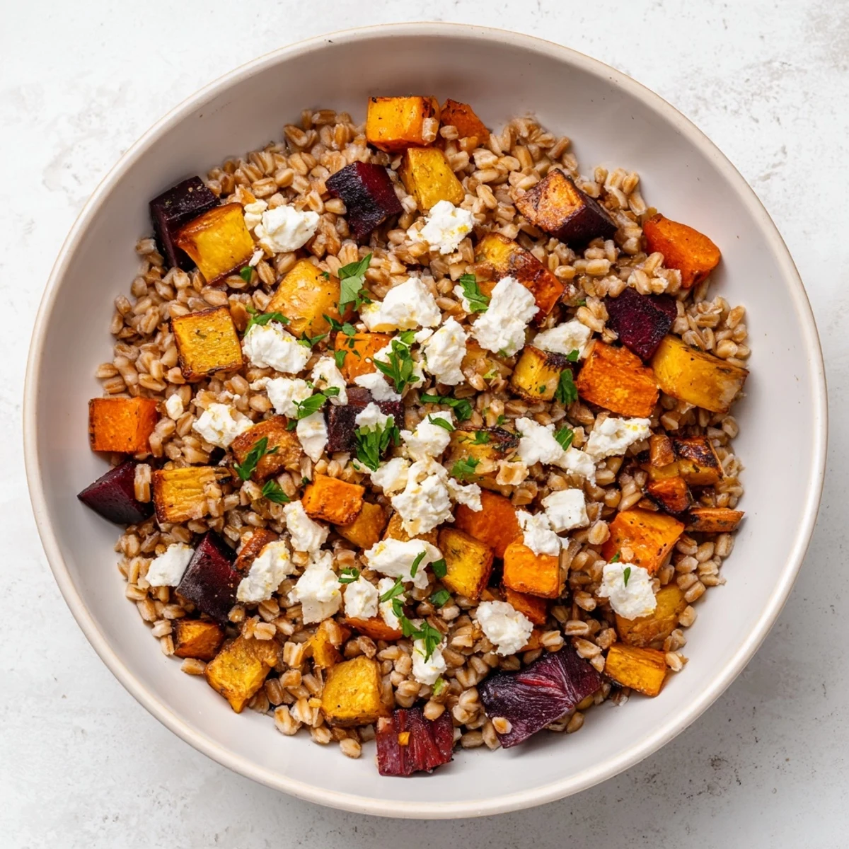 A wholesome bowl of Root Savory Grain, featuring tender roasted root vegetables and hearty grains, perfect for a cozy vegetarian dinner.  