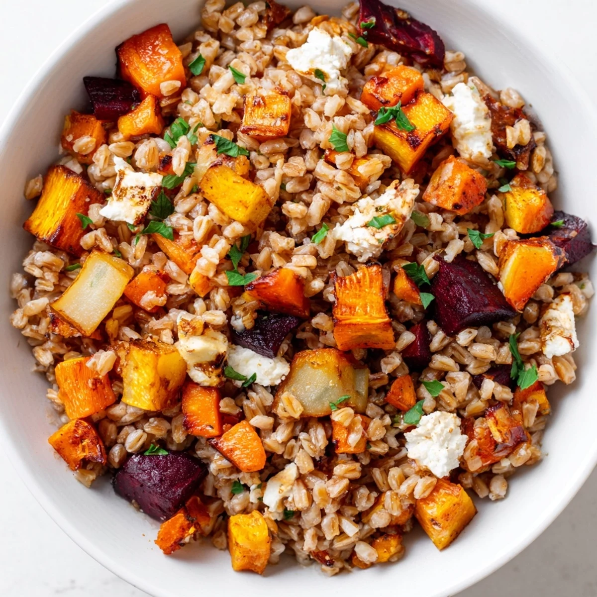 Top-down view of Root Savory Grain, showing caramelized vegetable medley and grains with optional feta and fresh herbs.