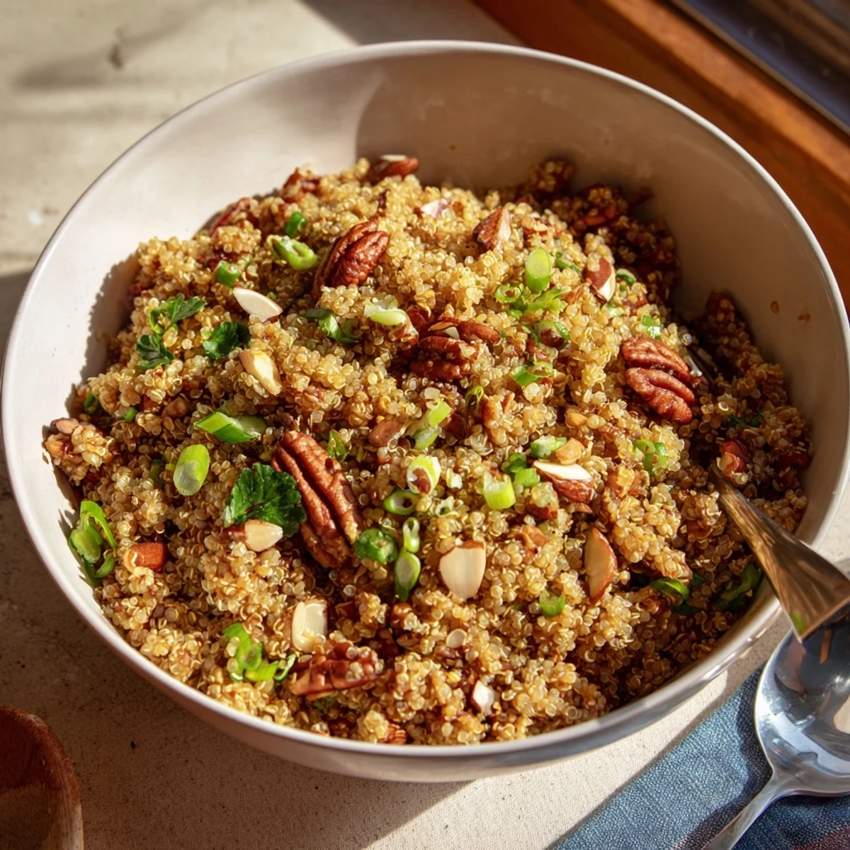 Fluffy Nutty Quinoa topped with toasted nuts and herbs, served warm as a wholesome vegetarian side dish.