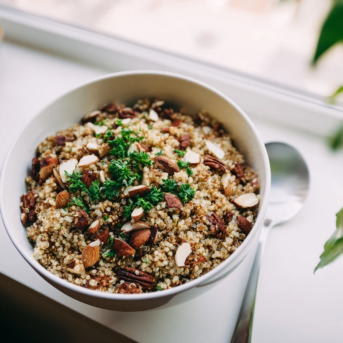 A bowl of fluffy Nutty Quinoa studded with toasted almonds, pecans, and sunflower seeds, garnished with fresh parsley.